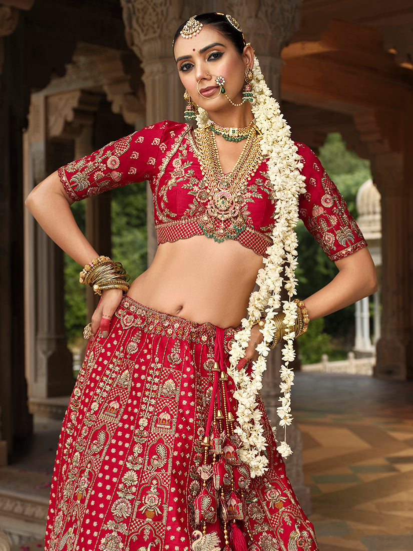 Monjolika Fashion Red Khatli Embroidered Silk Blend Bridal Lehenga Choli | Grocsy