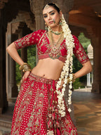 Monjolika Fashion Red Khatli Embroidered Silk Blend Bridal Lehenga Choli | Grocsy