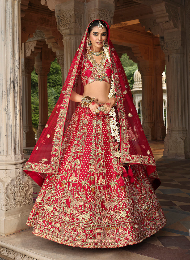 Monjolika Fashion Red Khatli Embroidered Silk Blend Bridal Lehenga Choli | Grocsy