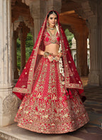 Monjolika Fashion Red Khatli Embroidered Silk Blend Bridal Lehenga Choli | Grocsy