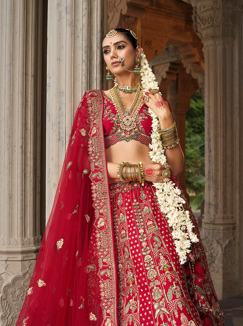 Monjolika Fashion Red Khatli Embroidered Silk Blend Bridal Lehenga Choli | Grocsy