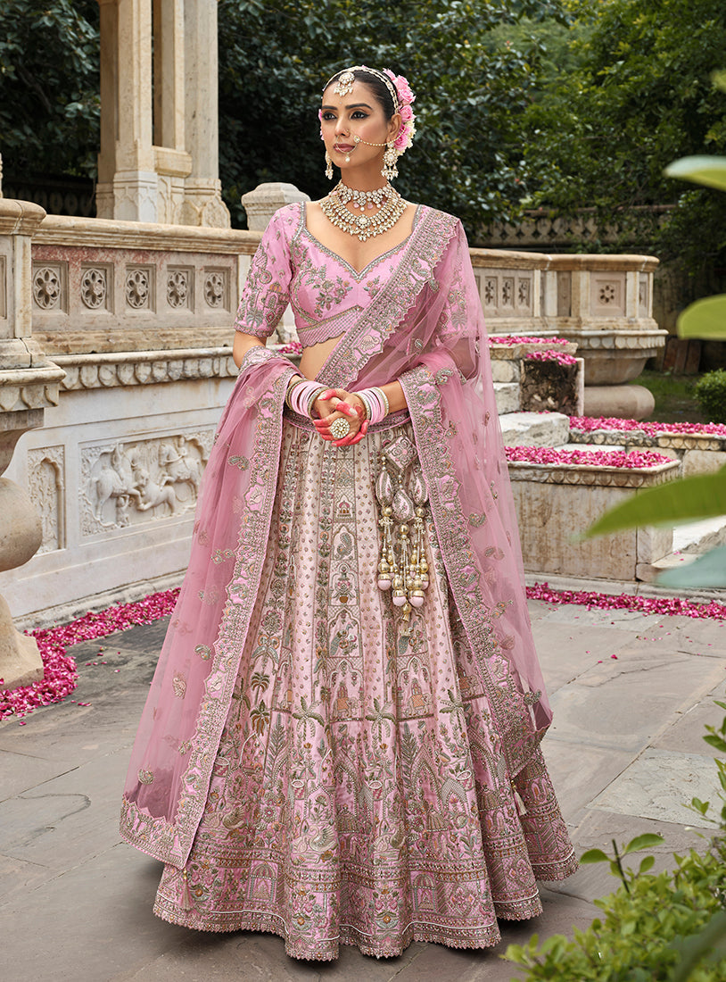 Monjolika Fashion Light Pink Khatli Embroidered Silk Blend Bridal Lehenga Choli | Grocsy