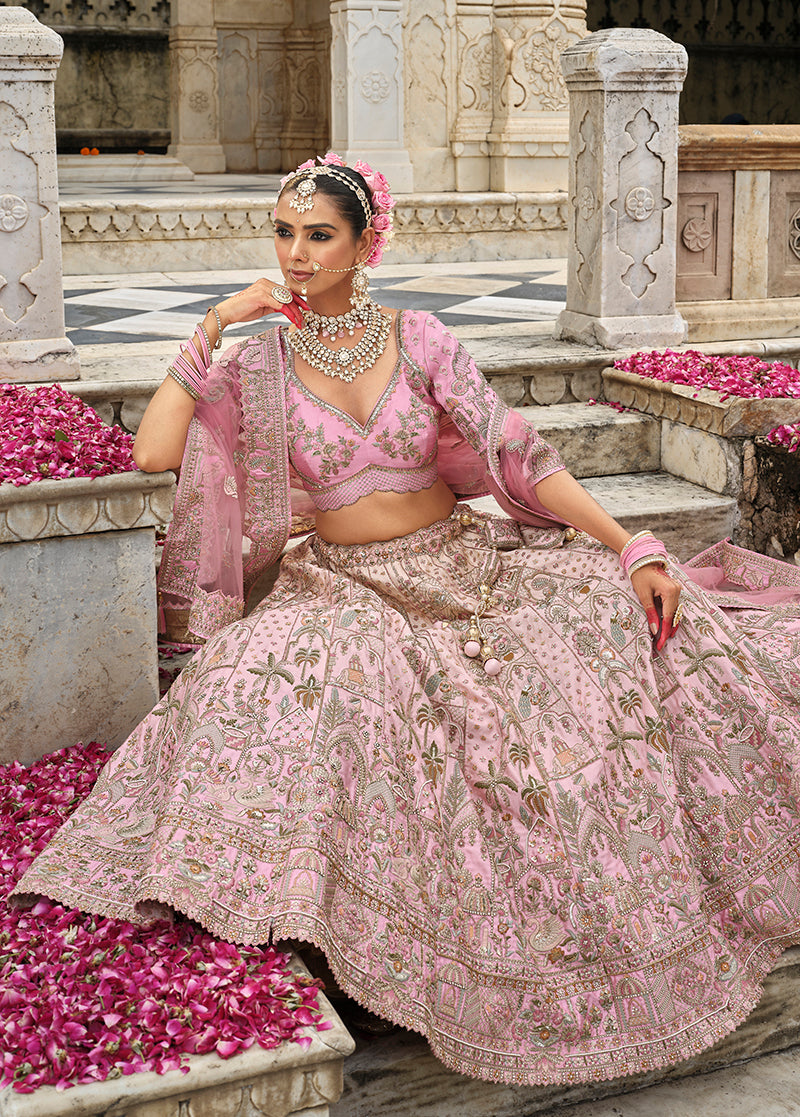Monjolika Fashion Light Pink Khatli Embroidered Silk Blend Bridal Lehenga Choli | Grocsy