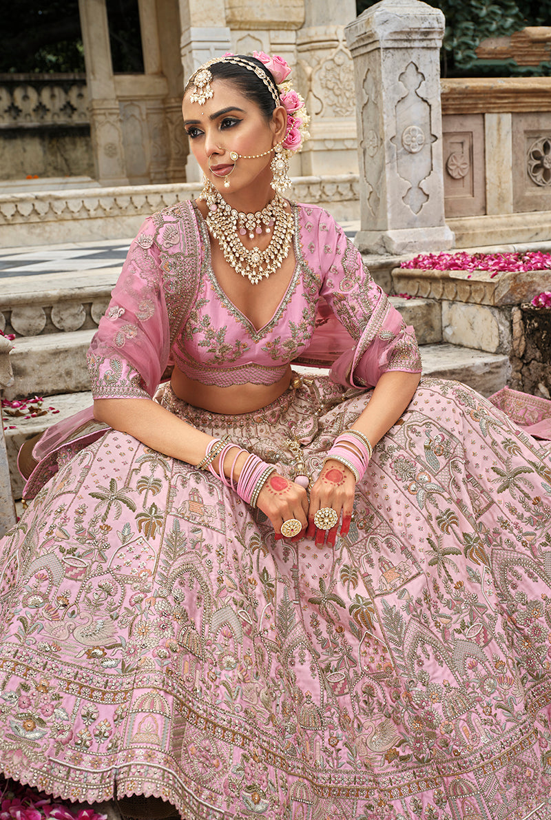 Monjolika Fashion Light Pink Khatli Embroidered Silk Blend Bridal Lehenga Choli | Grocsy