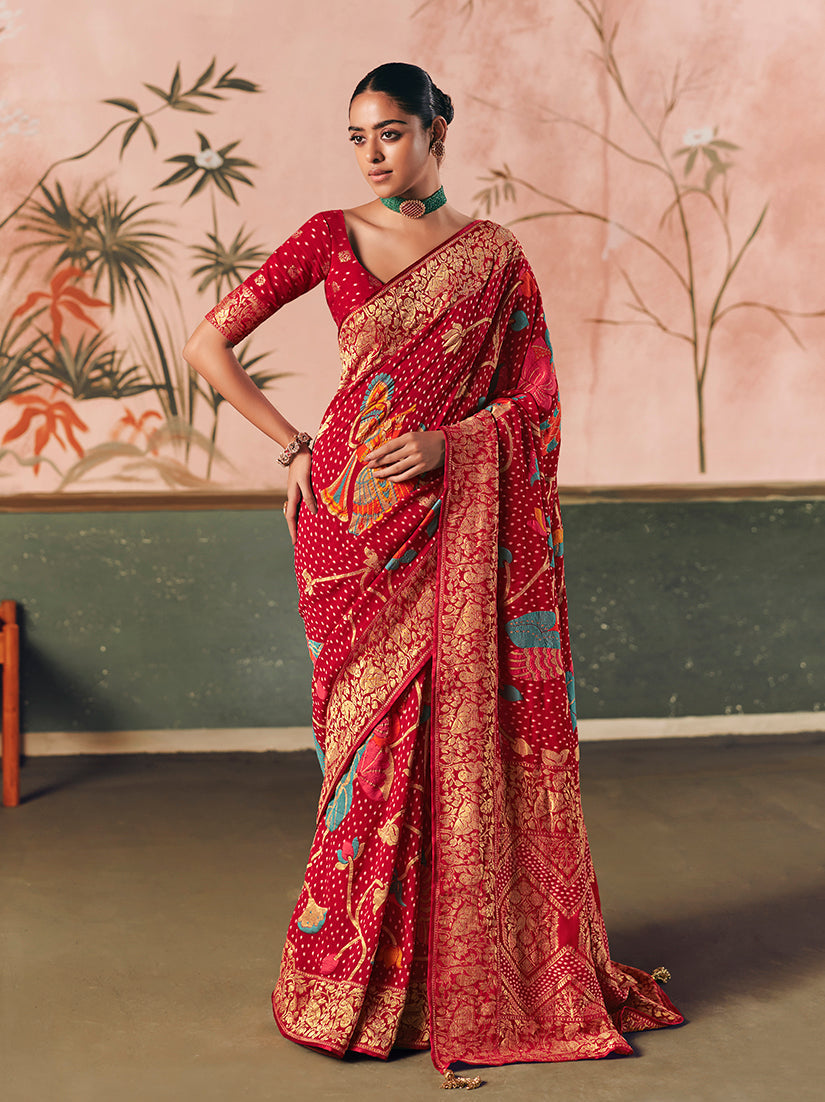 Monjolika Fashion Red Bandhej Weaving Work Faux Khadi Georgette Saree | Grocsy