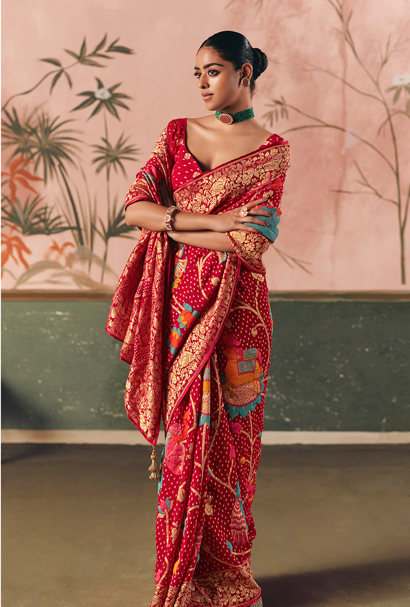 Monjolika Fashion Red Bandhej Weaving Work Faux Khadi Georgette Saree | Grocsy
