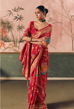 Monjolika Fashion Red Bandhej Weaving Work Faux Khadi Georgette Saree | Grocsy