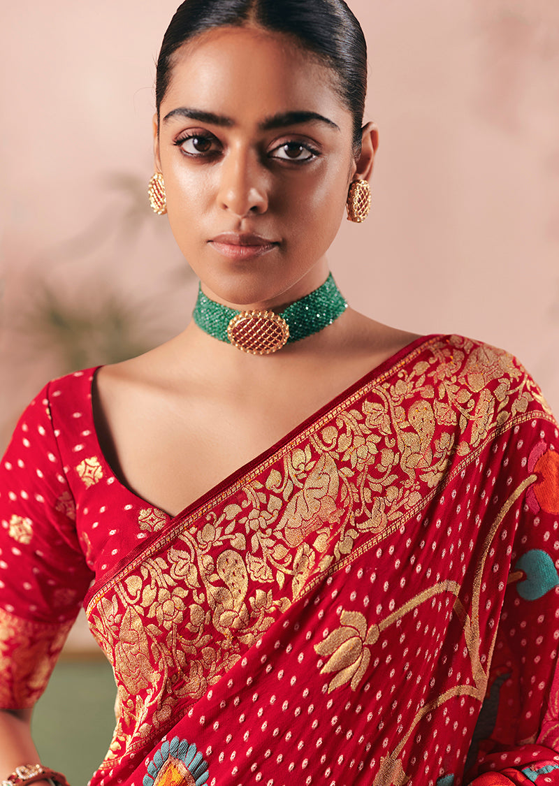Monjolika Fashion Red Bandhej Weaving Work Faux Khadi Georgette Saree | Grocsy