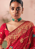 Monjolika Fashion Red Bandhej Weaving Work Faux Khadi Georgette Saree | Grocsy