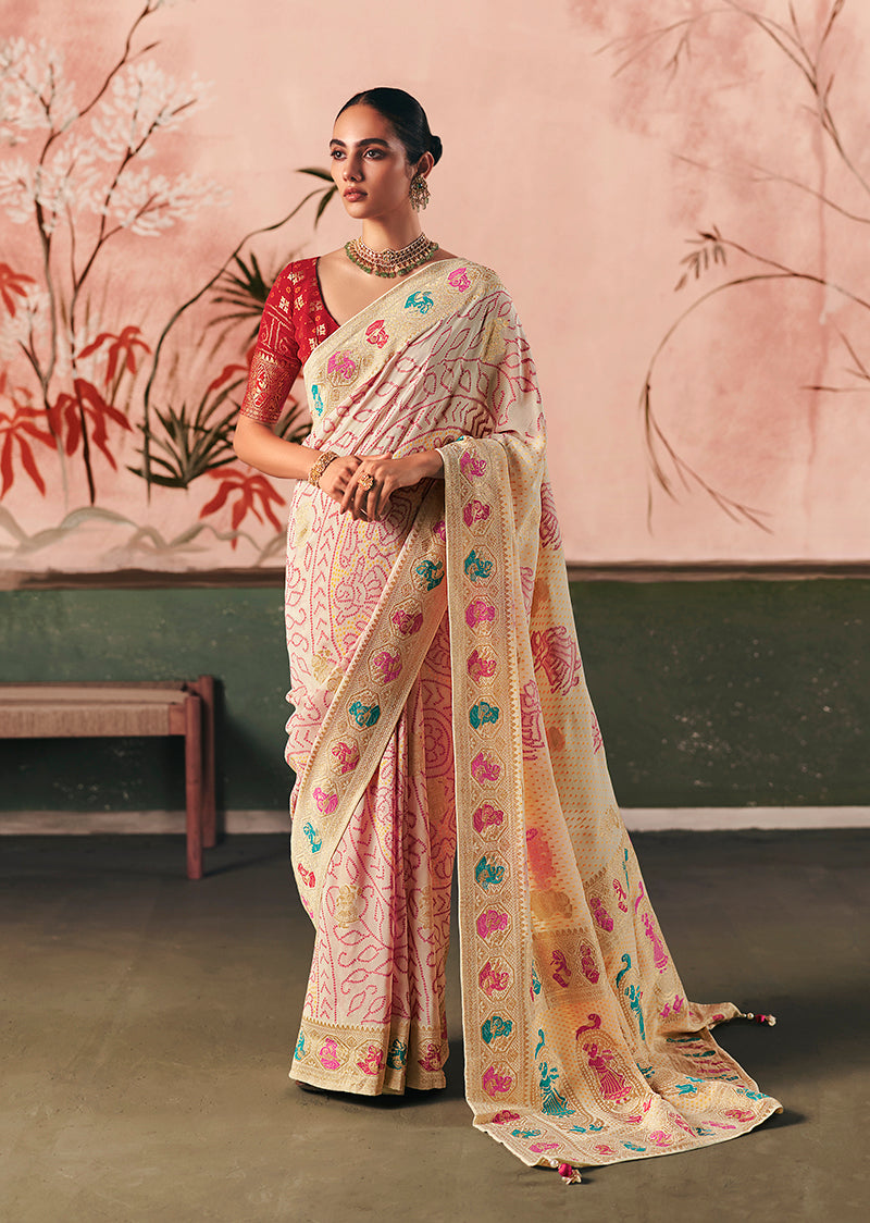 Monjolika Fashion Off White Bandhej Weaving Work Faux Khadi Georgette Saree | Grocsy