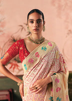 Monjolika Fashion Off White Bandhej Weaving Work Faux Khadi Georgette Saree | Grocsy