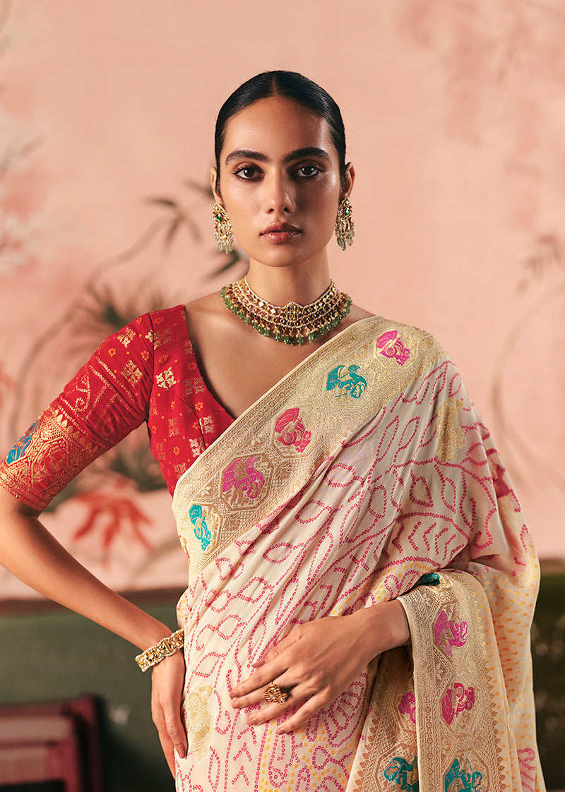 Monjolika Fashion Off White Bandhej Weaving Work Faux Khadi Georgette Saree | Grocsy