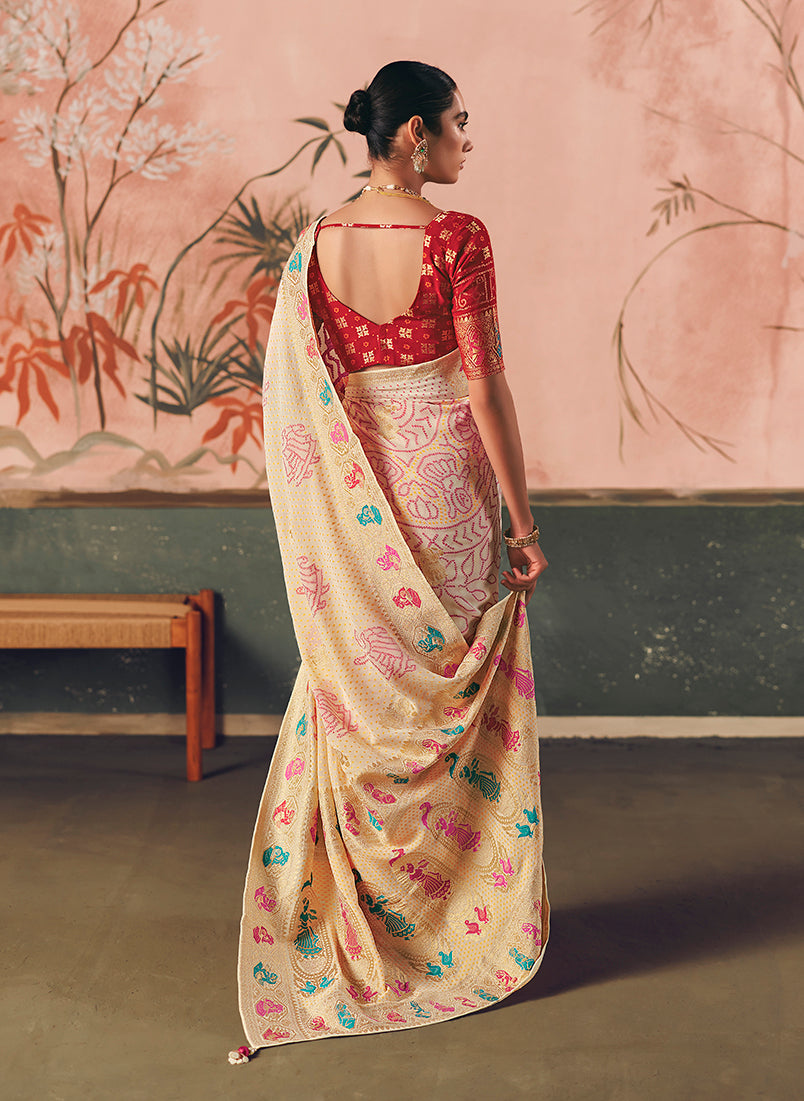 Monjolika Fashion Off White Bandhej Weaving Work Faux Khadi Georgette Saree | Grocsy