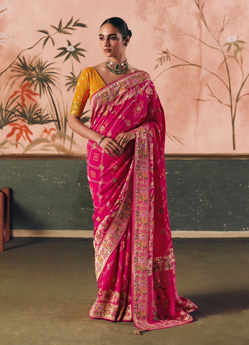 Monjolika Fashion Rani Pink Bandhej Weaving Work Faux Khadi Georgette Saree | Grocsy