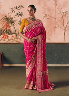 Monjolika Fashion Rani Pink Bandhej Weaving Work Faux Khadi Georgette Saree | Grocsy