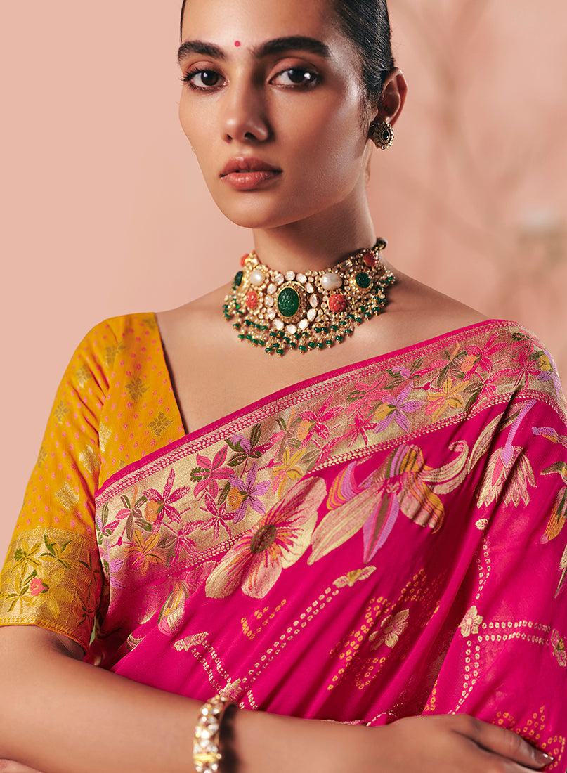 Monjolika Fashion Rani Pink Bandhej Weaving Work Faux Khadi Georgette Saree | Grocsy