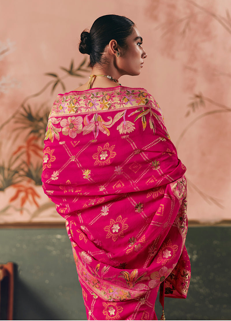 Monjolika Fashion Rani Pink Bandhej Weaving Work Faux Khadi Georgette Saree | Grocsy