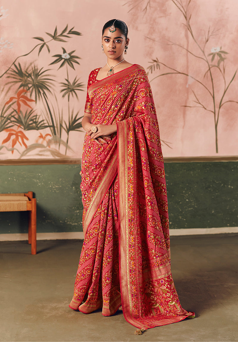Monjolika Fashion Red Bandhej Weaving Work Faux Khadi Georgette Saree | Grocsy