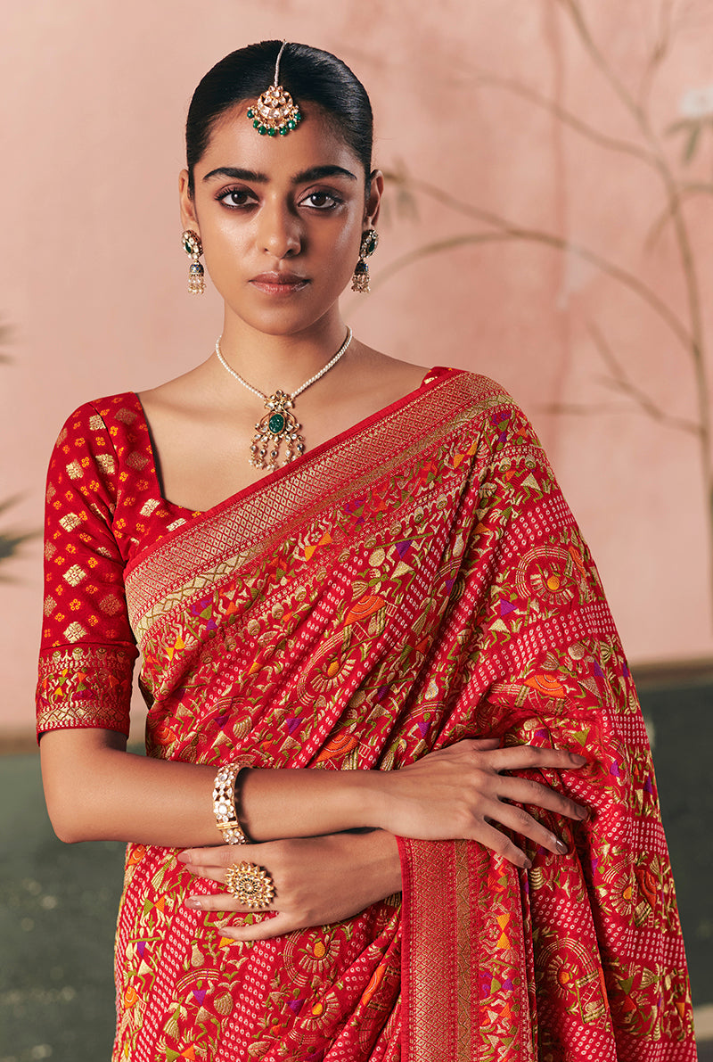 Monjolika Fashion Red Bandhej Weaving Work Faux Khadi Georgette Saree | Grocsy