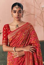Monjolika Fashion Red Bandhej Weaving Work Faux Khadi Georgette Saree | Grocsy