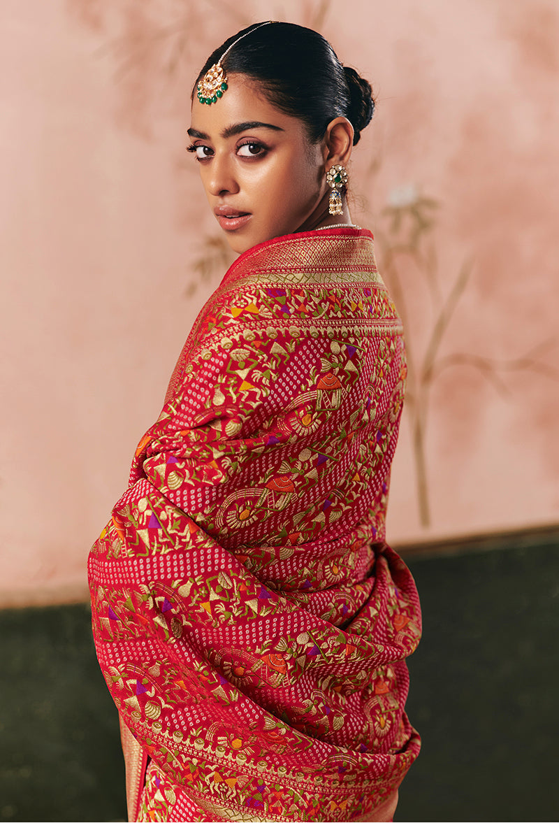 Monjolika Fashion Red Bandhej Weaving Work Faux Khadi Georgette Saree | Grocsy