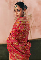 Monjolika Fashion Red Bandhej Weaving Work Faux Khadi Georgette Saree | Grocsy