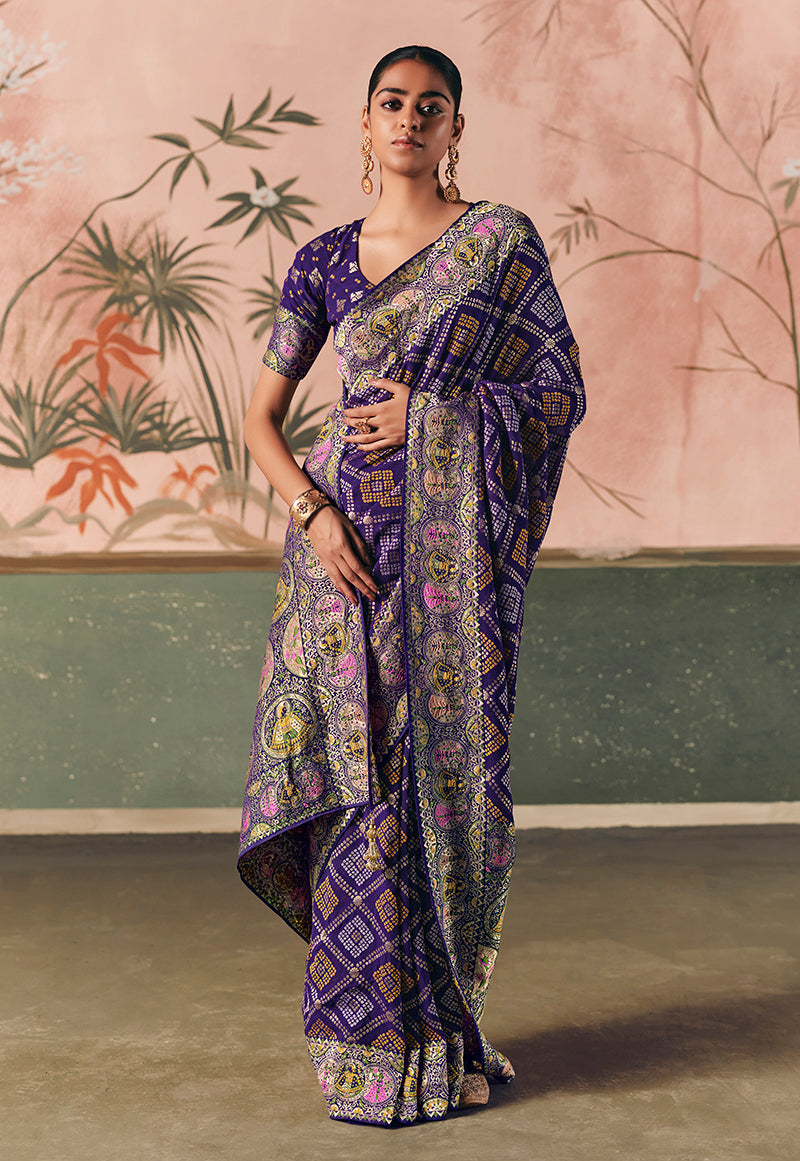 Monjolika Fashion Violet Bandhej Weaving Work Faux Khadi Georgette Saree | Grocsy