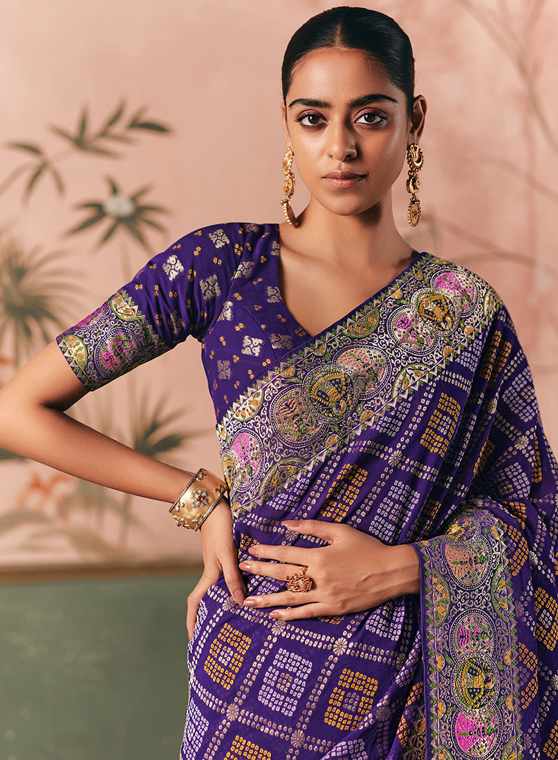 Monjolika Fashion Violet Bandhej Weaving Work Faux Khadi Georgette Saree | Grocsy