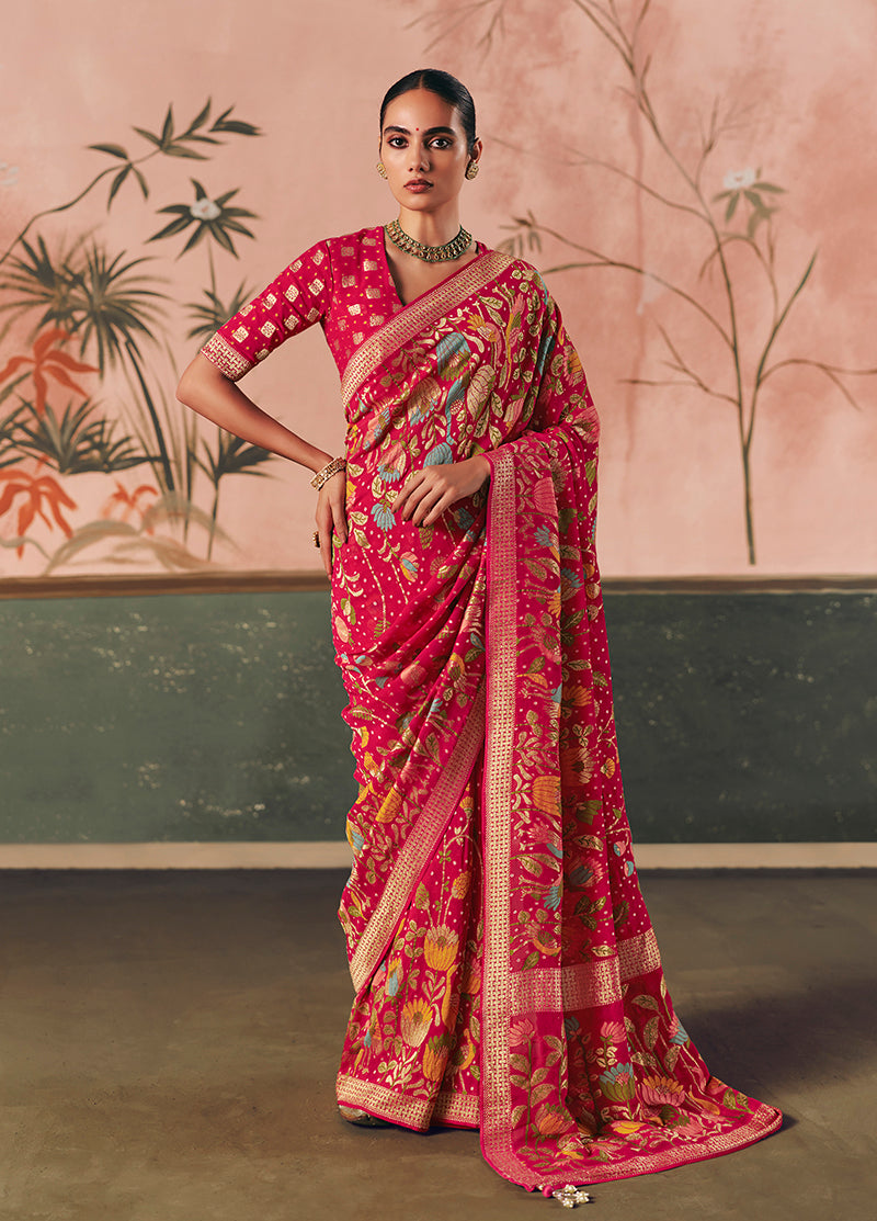 Monjolika Fashion Rani Pink Bandhej Weaving Work Faux Khadi Georgette Saree | Grocsy