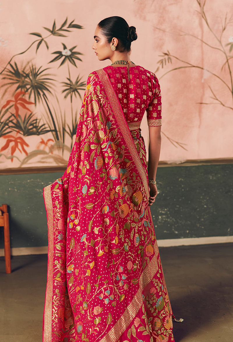 Monjolika Fashion Rani Pink Bandhej Weaving Work Faux Khadi Georgette Saree | Grocsy
