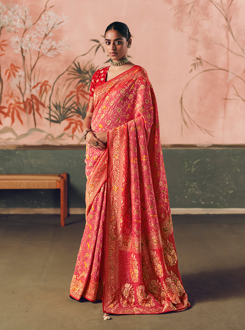Monjolika Fashion Gajri Pink Bandhej Weaving Work Faux Khadi Georgette Saree | Grocsy