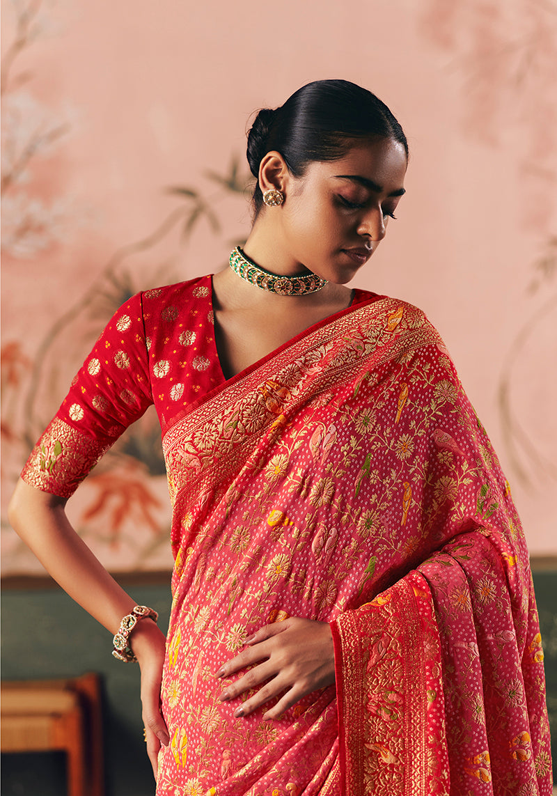Monjolika Fashion Gajri Pink Bandhej Weaving Work Faux Khadi Georgette Saree | Grocsy