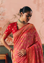 Monjolika Fashion Gajri Pink Bandhej Weaving Work Faux Khadi Georgette Saree | Grocsy