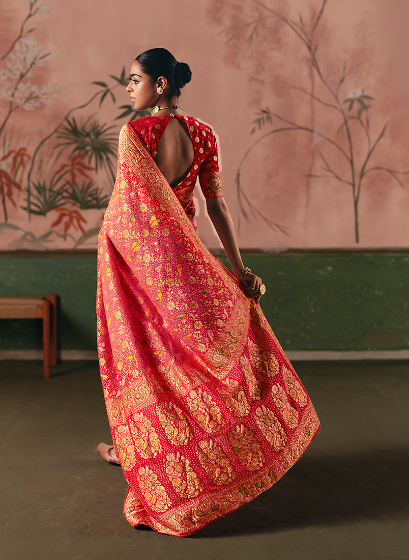 Monjolika Fashion Gajri Pink Bandhej Weaving Work Faux Khadi Georgette Saree | Grocsy