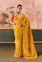 Monjolika Fashion Yellow Bandhej Weaving Work Faux Khadi Georgette Saree | Grocsy