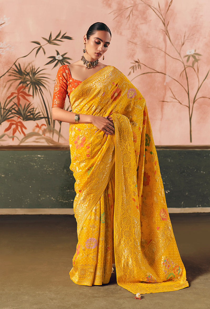 Monjolika Fashion Yellow Bandhej Weaving Work Faux Khadi Georgette Saree | Grocsy