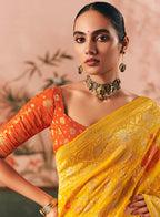 Monjolika Fashion Yellow Bandhej Weaving Work Faux Khadi Georgette Saree | Grocsy