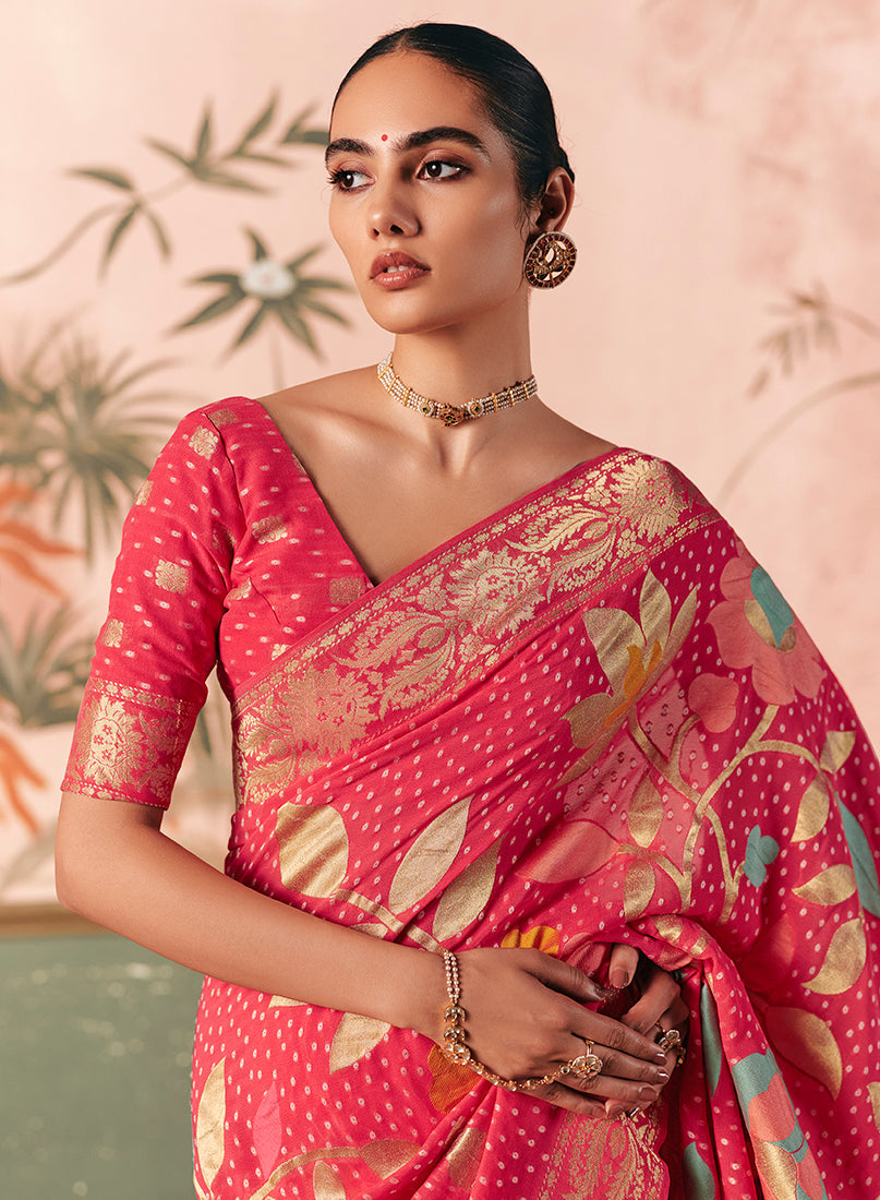 Monjolika Fashion Pink Bandhej Weaving Work Faux Khadi Georgette Saree | Grocsy