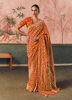 Monjolika Fashion Orange Bandhej Weaving Work Faux Khadi Georgette Saree | Grocsy