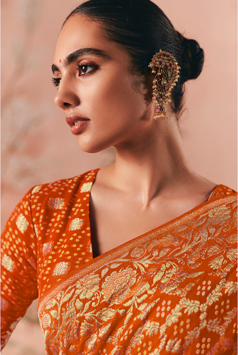 Monjolika Fashion Orange Bandhej Weaving Work Faux Khadi Georgette Saree | Grocsy