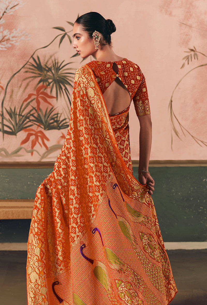 Monjolika Fashion Orange Bandhej Weaving Work Faux Khadi Georgette Saree | Grocsy