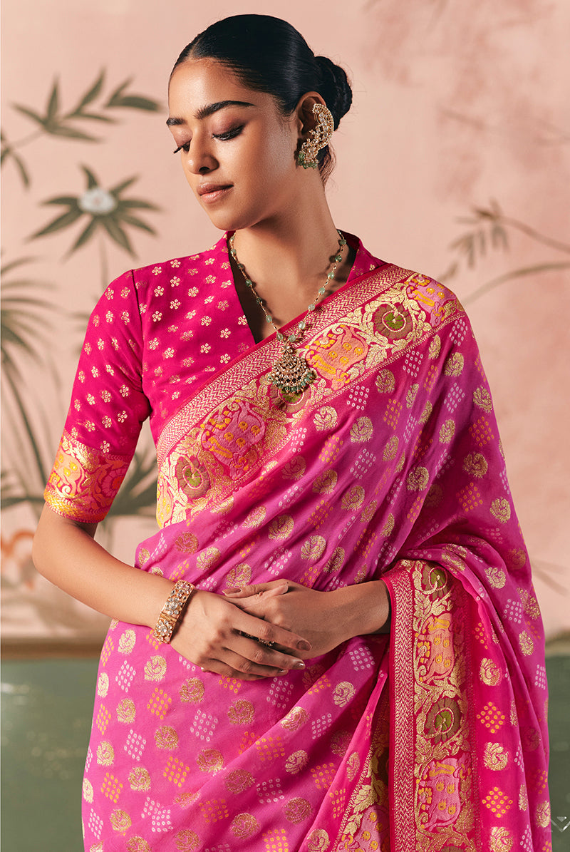 Monjolika Fashion Pink Bandhej Weaving Work Faux Khadi Georgette Saree | Grocsy