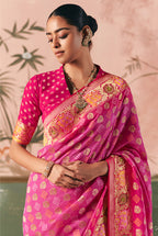 Monjolika Fashion Pink Bandhej Weaving Work Faux Khadi Georgette Saree | Grocsy
