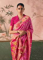 Monjolika Fashion Pink Bandhej Weaving Work Faux Khadi Georgette Saree | Grocsy