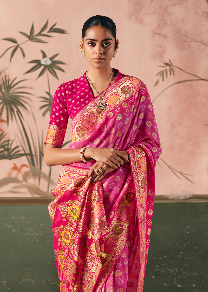 Monjolika Fashion Pink Bandhej Weaving Work Faux Khadi Georgette Saree | Grocsy