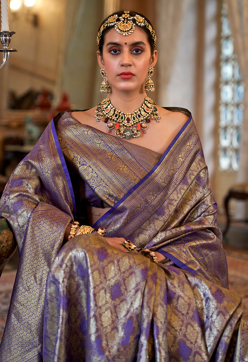 Monjolika Fashion Kanjivaram Silk Blend Classic Saree with Woven Work for Women in Violet | Grocsy