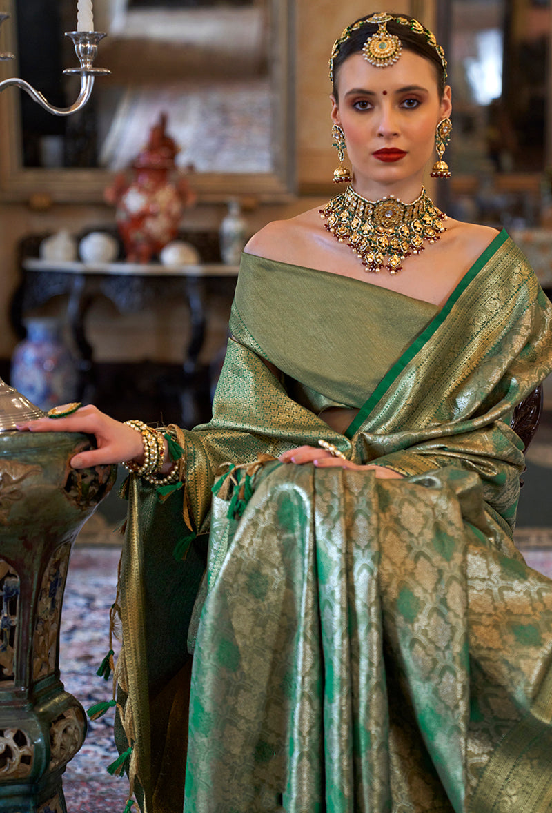 Monjolika Fashion Kanjivaram Silk Blend Classic Saree with Woven Work for Women in Green | Grocsy