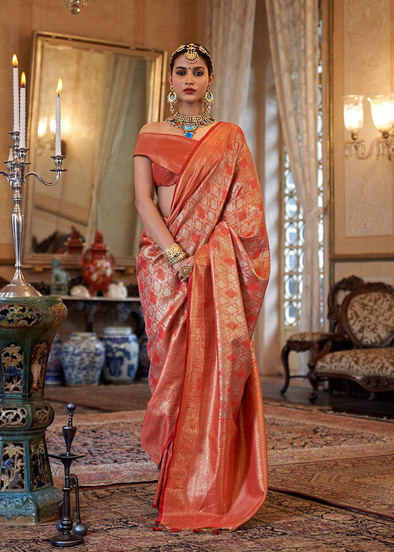 Monjolika Fashion Kanjivaram Silk Blend Classic Saree with Woven Work for Women in Orange | Grocsy
