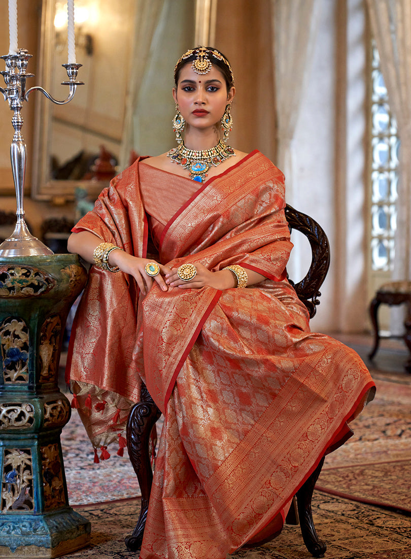Monjolika Fashion Kanjivaram Silk Blend Classic Saree with Woven Work for Women in Orange | Grocsy