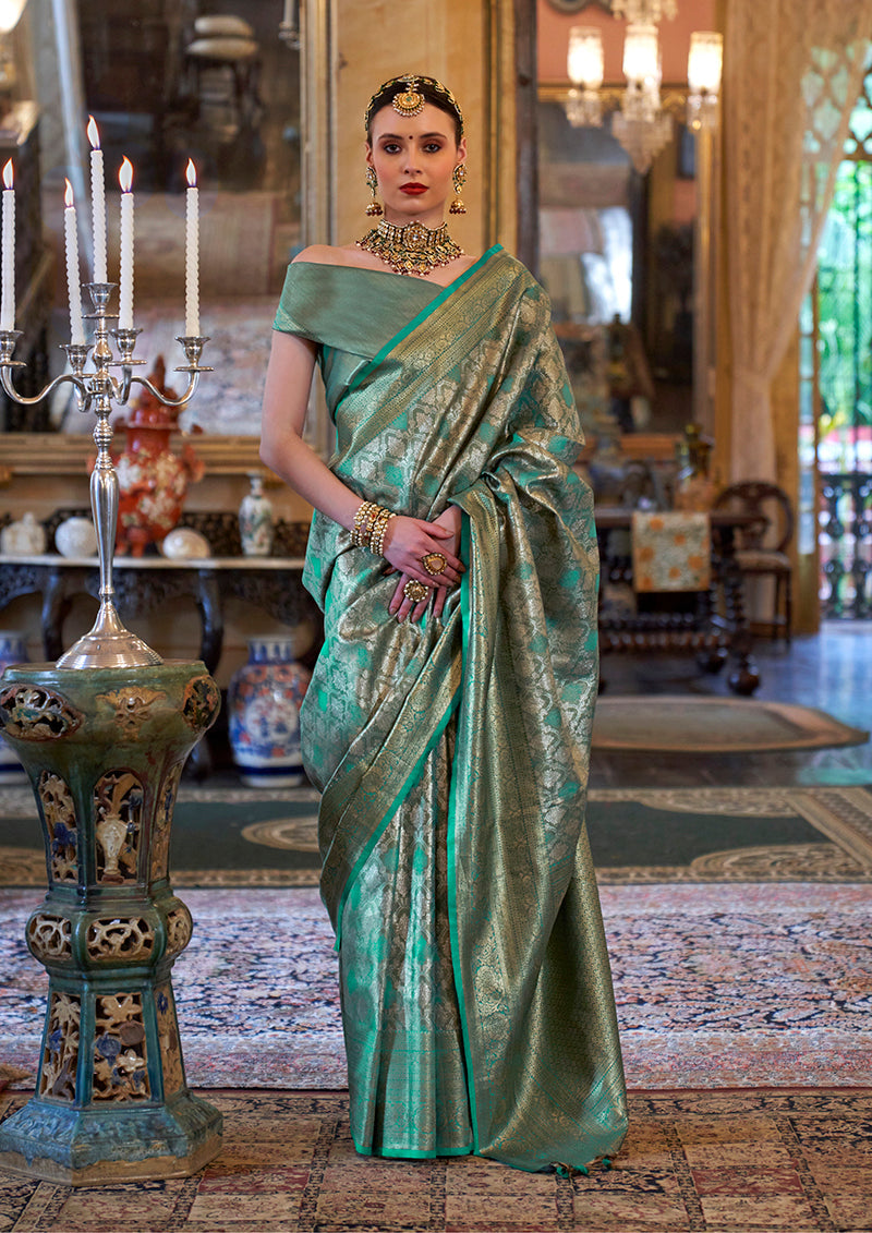 Monjolika Fashion Kanjivaram Silk Blend Classic Saree with Woven Work for Women in Teal | Grocsy